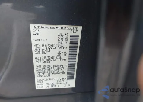 2020 Nissan Titan Sv 4X4 z USA, uszkodzony, nr VIN 1N6AA1EC0LN509763